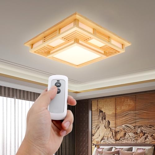 Gqouur Japanische Deckenleuchte Dimmbar Deckenlampe 3000-6000K 100-110 Lumen Holz Tatami Lampe mit Fernbedienung Schlafzimmer Pendelleuchte [Energieklasse E] von Gqouur