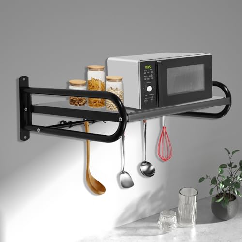 Gqouur Mikrowellen Regal für Küche, Carbon Stahl Wandmontage Mikrowellenhalterung bis 30KG Mikrowellenhalter mit 6 Haken Mikrowellen Rack 53×38×18cm von Gqouur