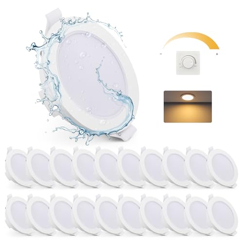 Gr4tec LED Einbaustrahler 230V Dimmbar, 20 Stück LED Spots IP65 6W 2700K Warmweiß 400LM, Deckenspots 68-80mm, Einbauleuchten Weiß Ultra Flach 35mm, Spots Deckenleuchte für Badezimmer Küche von Gr4tec