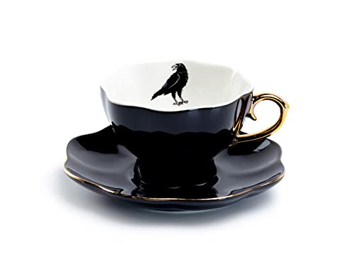 Grace Teaware Raven Black Teetasse und Untertasse aus feinem Porzellan mit handbemalter Krähe, Schwarz, Weiß und Gold von Grace Teaware