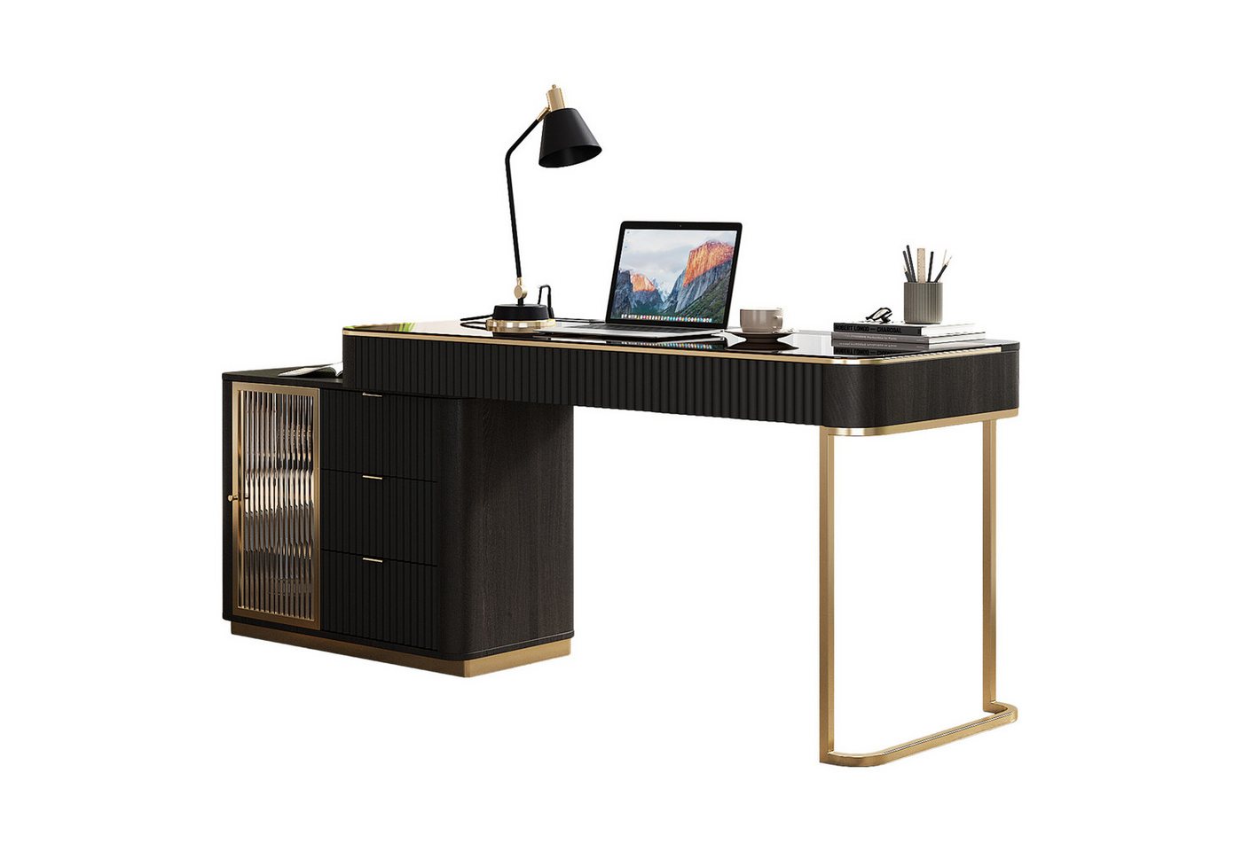 Graceabode Schreibtisch L-förmiger Computertisch – Drehbarer Home-Office-Chefschreibtisch (1-St), Mit integrierter Steckdose & Glasplatte von Graceabode