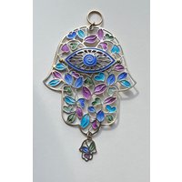 Hamsa Mit Lila Und Blauen Blättern Herzen | Hand-Gefertigte Wandkunst Hamsa-Liebe Natur Motive Farbenfrohe von GraderDesigns