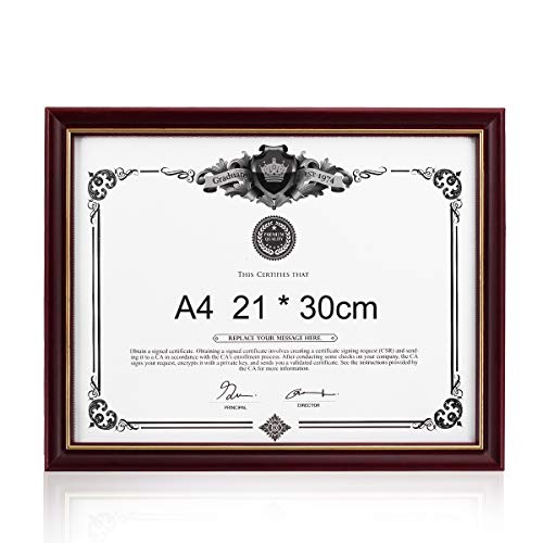 GraduatePro A4 Urkundenrahmen Dokumentenrahmen Mahagoni mit Goldener Rahmen Echtes Glas Wand & Tischrahmen von GraduatePro