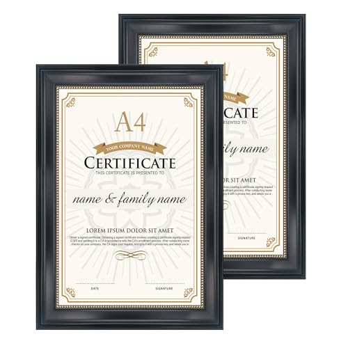 GraduatePro Bilderrahmen A4 Rahmen Urkunde für Zertifikate Diplom Wand Hängend Goldperlen Vintage University Certificate Frame Schwarz 2-teiliges Set von GraduatePro