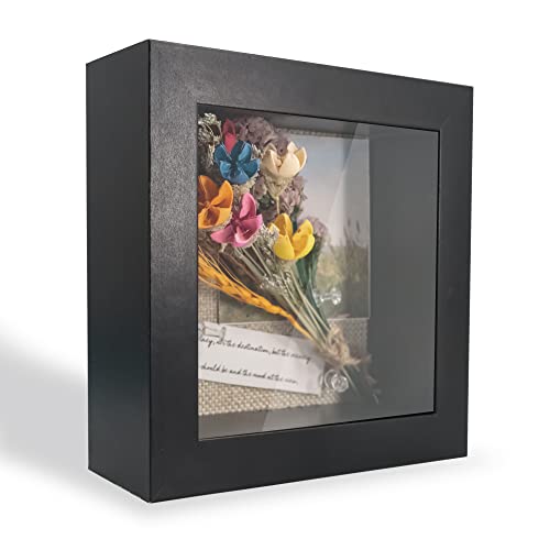 GraduationMall 3D Bilderrahmen Tief Objektrahmen 13x13 cm Schwarzen mit Glasscheibe zum Befüllen für Blumen Medaillen Tickets Wand Tischrahmen Schwarz von GraduationMall