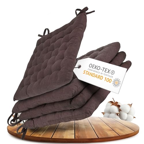 Gräfenstayn® 4er-Set Baumwoll-Sitzkissen 40x40x5cm mit Haltebändern für Indoor und Outdoor mit Öko-Tex Siegel - (Braun) von Gräfenstayn