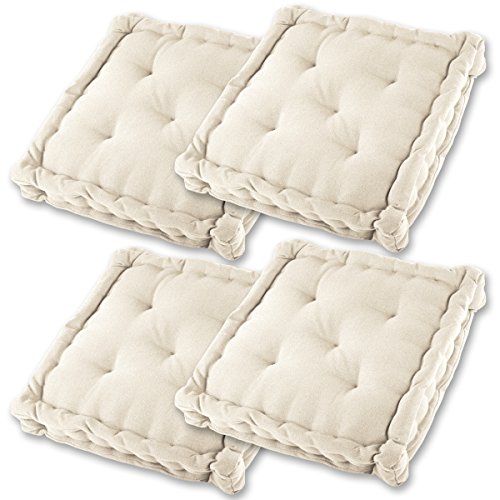 Gräfenstayn® 4er-Set Sitzkissen Stuhlkissen 40x40x8cm für Indoor und Outdoor aus 100% Baumwolle Dicke Polsterung Steppkissen/Bodenkissen (Creme) von Gräfenstayn