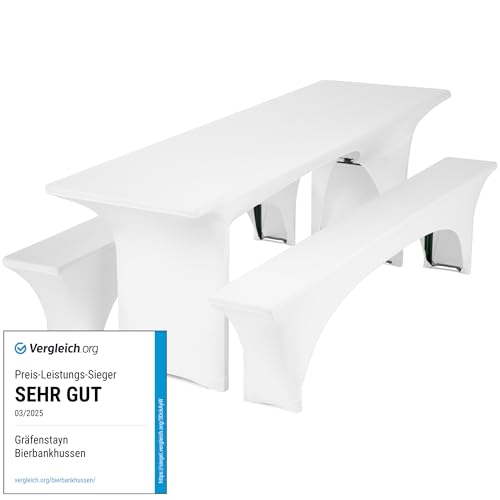 Gräfenstayn® 5er Set Leopold Stretch - Biertischhussen-Set 3 TLG für Bierzeltgarnitur - 50cm oder 70cm Tischbreite - mit Öko-Tex Siegel Standard 100 : "Geprüftes Vertrauen (Weiß, 70x220cm) von Gräfenstayn
