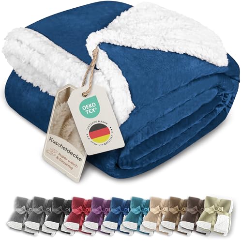 Gräfenstayn® Dicke Kuscheldecke flauschig & super weich - warme Sherpa-Fleecedecke in Lammfell-Optik als Wohndecke, Tagesdecke & Sofadecke - Überwurf Decke Sofa & Couch (Blau 200x150) von Gräfenstayn