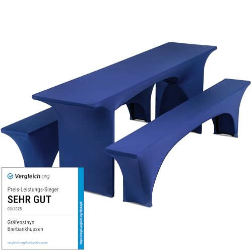 Gräfenstayn® Leopold Stretch - Biertischhussen-Set 3 TLG für Bierzeltgarnitur - 50cm oder 70cm Tischbreite - mit Öko-Tex Siegel Standard 100 : "Geprüftes Vertrauen (Blau, 50x220cm) von Gräfenstayn