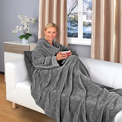 Gräfenstayn® TV-Decke mit Ärmeln und Fuß Tasche - 180 x 150 cm Kuscheldecke - viele Farben - Supersoft Flanell Mikrofaser-Flausch - mit Öko-Tex Siegel „Geprüftes Vertrauen“ (Grau) von Gräfenstayn