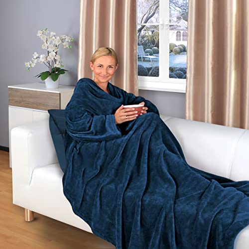 Gräfenstayn® TV-Decke mit Ärmeln und Fuß Tasche - 200 x 170 cm Kuscheldecke - viele Farben - Supersoft Flanell Mikrofaser-Flausch - mit Öko-Tex Siegel „Geprüftes Vertrauen“ (Blau) von Gräfenstayn