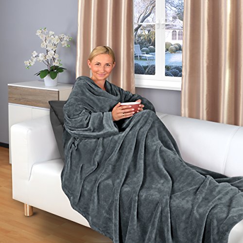 Gräfenstayn® TV-Decke mit Ärmeln und Tasche - 200 x 150 cm Kuscheldecke - viele Farben - Supersoft XL Flanell Mikrofaser-Flausch - Öko-Tex Siegel „Geprüftes Vertrauen“ (Anthrazit) von Gräfenstayn