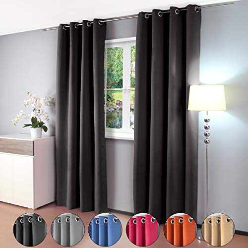 Gräfenstayn 2er-Set Alana - blickdichte einfarbige Thermogardine Verdunklungsgardine mit Ösen - Doppelpack - 135 x 245 cm - viele attraktive Farben - mit Öko-Tex Siegel - Gardine Vorhang (Schwarz) von Gräfenstayn