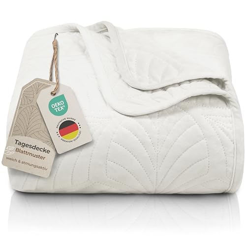 Gräfenstayn Premium Tagesdecke 200x220 cm – Bettüberwurf mit Nahtloser Steppung & Blatt-Design – Samt-Decke – weich, knitterfrei & pflegeleicht – Überwurf für Bett & Sofa (Creme) von Gräfenstayn