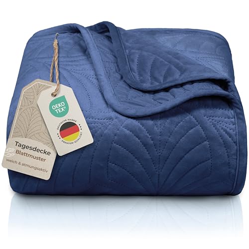 Gräfenstayn Premium Tagesdecke 200x220 cm – Bettüberwurf mit Nahtloser Steppung & Blatt-Design – Samt-Decke – weich, knitterfrei & pflegeleicht – Überwurf für Bett & Sofa (blau) von Gräfenstayn