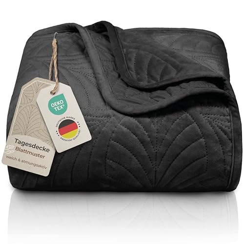 Gräfenstayn Premium Tagesdecke 200x220 cm – Bettüberwurf mit Nahtloser Steppung & Blatt-Design – Samt-Decke – weich, knitterfrei & pflegeleicht – Überwurf für Bett & Sofa (schwarz) von Gräfenstayn
