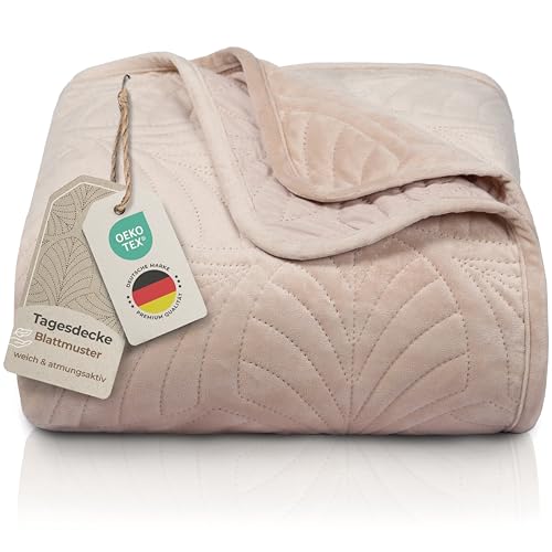 Gräfenstayn Premium Tagesdecke 240x260 cm – Bettüberwurf mit Nahtloser Steppung & Blatt-Design – Samt-Decke – weich, knitterfrei & pflegeleicht – Überwurf für Bett & Sofa (beige) von Gräfenstayn