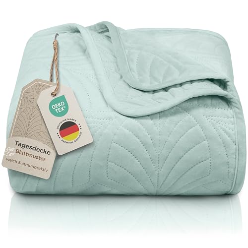 Gräfenstayn Premium Tagesdecke 240x260 cm – Bettüberwurf mit Nahtloser Steppung & Blatt-Design – Samt-Decke – weich, knitterfrei & pflegeleicht – Überwurf für Bett & Sofa (mintgrün) von Gräfenstayn
