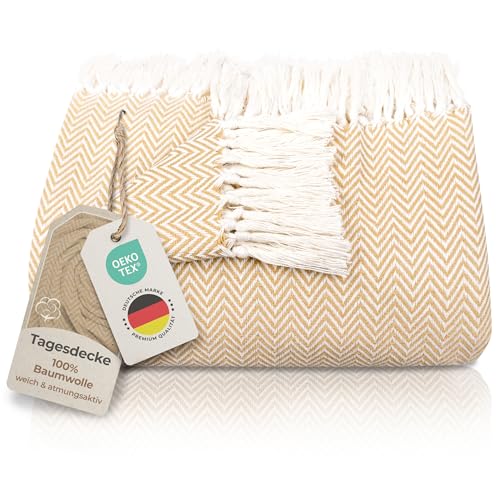 Gräfenstayn Premium Tagesdecke mit Fransen - 100% Baumwolle - 150 x 200 cm - Fischgrätenmuster Sommerdecke - Baumwolldecke als Bett-Überwurf, Couch-Überwurf, Sofa-Decke (Beige) von Gräfenstayn