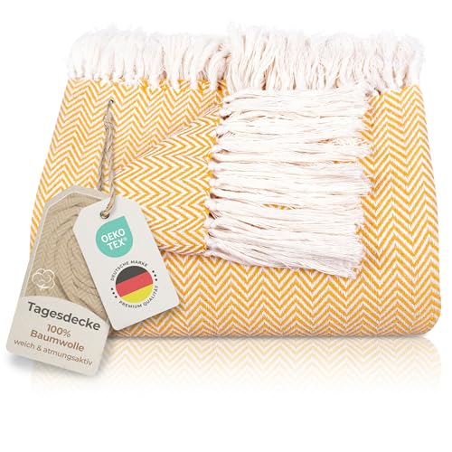 Gräfenstayn Premium Tagesdecke mit Fransen - 100% Baumwolle - 150 x 200 cm - Fischgrätenmuster Sommerdecke - Baumwolldecke als Bett-Überwurf, Couch-Überwurf, Sofa-Decke (Gelb) von Gräfenstayn