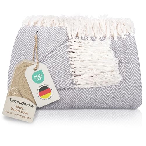 Gräfenstayn Premium Tagesdecke mit Fransen - 100% Baumwolle - 150 x 200 cm - Fischgrätenmuster Sommerdecke - Baumwolldecke als Bett-Überwurf, Couch-Überwurf, Sofa-Decke (Grau) von Gräfenstayn