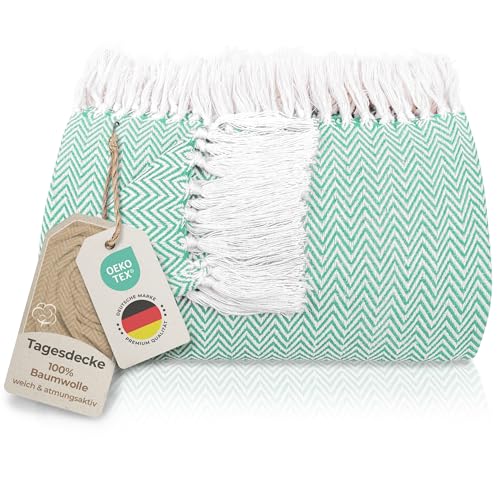 Gräfenstayn Premium Tagesdecke mit Fransen - 100% Baumwolle - 220 x 240 cm - Fischgrätenmuster Sommerdecke - Baumwolldecke als Bett-Überwurf, Couch-Überwurf, Sofa-Decke (Mint) von Gräfenstayn