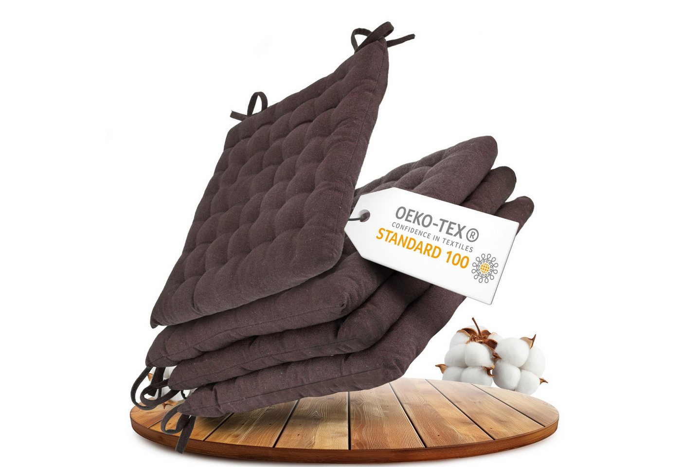 Gräfenstayn Stuhlkissen 4er-Set in 40x40cm und 5cm dicker Polsterung aus 100% Baumwolle, robustes Sitzkissen für Indoor & Outdoor, mit Haltebändern von Gräfenstayn