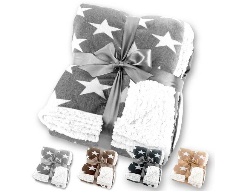 Wohndecke Sternendecke Kuscheldecke Lammfell-Optik Mikrofaser Grau, Gräfenstayn, Motiv Stern Tagesdecke Flanell Mikrofaser-Flausch von Gräfenstayn