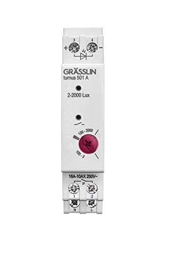 GRÄSSLIN 18.18.0013.1 Turnus 501 A – analoger Dämmerungsschalter mit externem Helligkeitsfühler für Außenbereich und Innenbereich mit Aufbau-Lichtsensor I 2-2000lx I 1-Kanal I 1TE von Grässlin