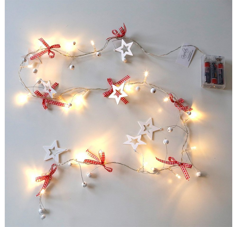 Grafelstein Lichterkette HAPPY CHRISTMAS rot weiß mit Schleifen u. Sternen batteriebetrieben von Grafelstein