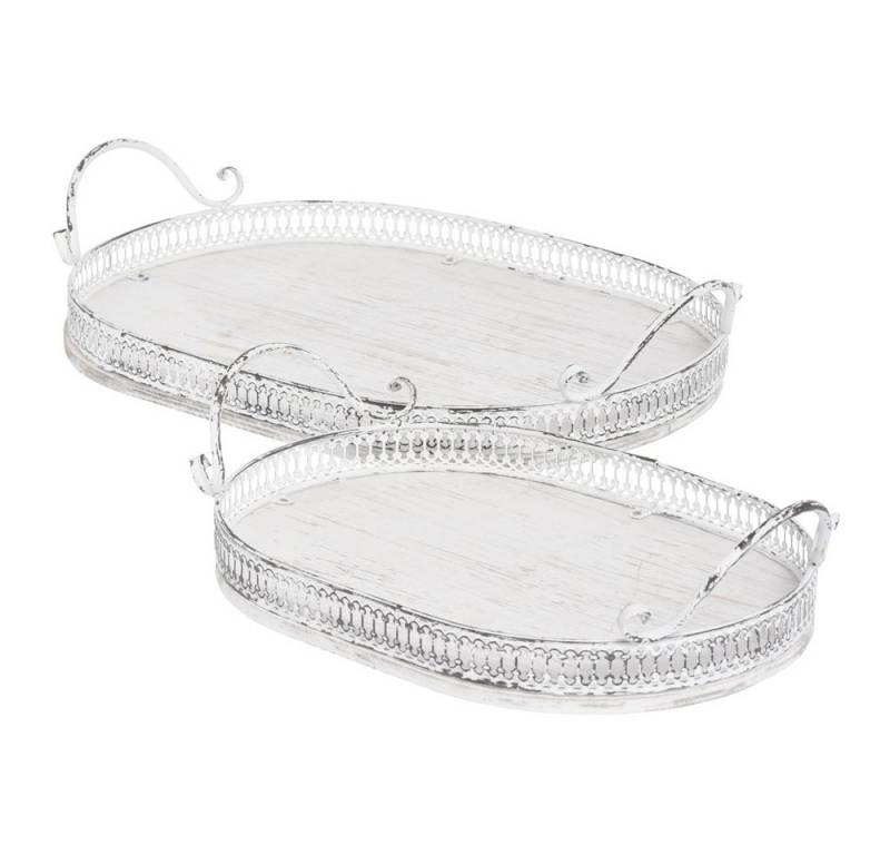 Grafelstein Tablett 2tlg. Tablett ABBEY weiß shabby chic Holztablett oval mit Metallrand von Grafelstein