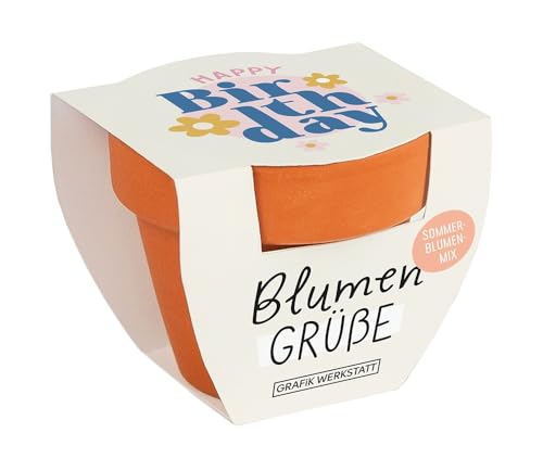 Grafik-Werkstatt Blumengrüße Sommerblumen-Mix | Mini-Terrakotta-Töpfchen mit Samen | Happy Birthday, Orange von Grafik-Werkstatt