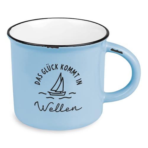 Kaffeetasse vintage| Keramik Becher zum verschenken | maritim | Glück kommt in Wellen, Blau von Grafik-Werkstatt