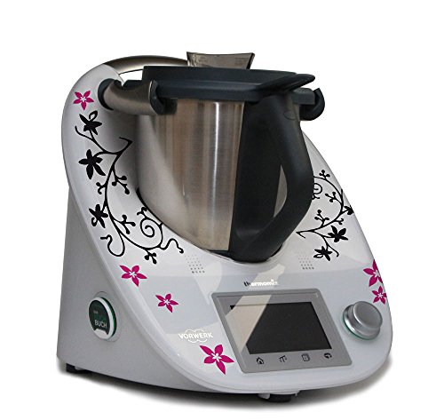 Aufkleber für den Thermomix TM5 - Ranke mit Blumen schwarz matt pink von Grafix