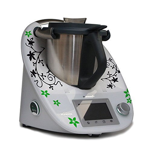 Aufkleber für den Thermomix TM5 & TM6 - Ranke mit Blumen schwarz matt & hellgruen von Grafix