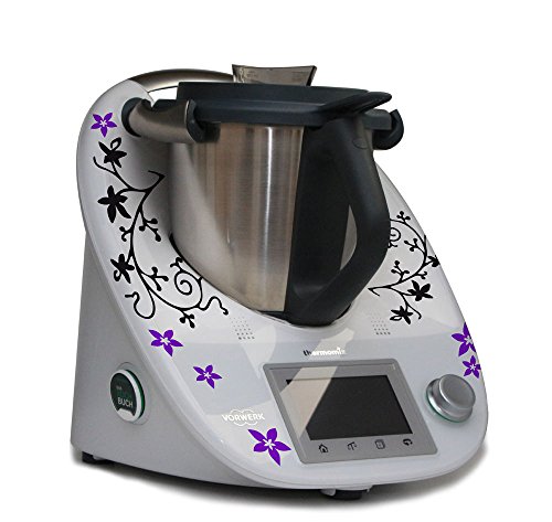 Aufkleber für den Thermomix TM5 & TM6 - Ranke mit Blumen schwarz matt violett von Grafix