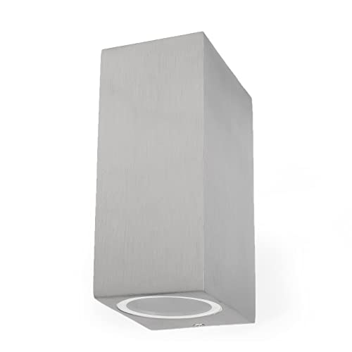 Grafner Aluminium Wandlampe silber, mit nach oben und unten gerichtetem Lichtschein, IP44, 2x GU10 Fassung, Wandleuchte rund Down Light Wand Lampe Außen Hof Einfahrt nach oben unten scheinend von Grafner