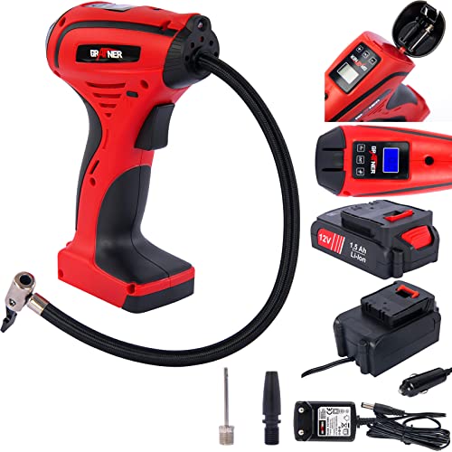 Grafner 12V Akku Kompressor incl. 1500 mAh Li-Ionen Akku, Ladegerät und 12V-Adapter, max. 8,3 bar 120 psi, LCD Display, LED, Druckvoreinstellung, Autostop, elektrische Mini Luft Pumpe Luft Kompressor von Grafner