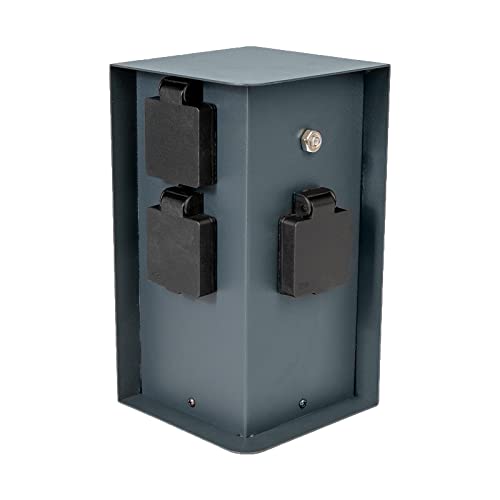 Grafner Edelstahl Design Gartensteckdose Dämmerungssensor, 3 Steckdosen, IP44, eckig, anthrazit, KEIN ROST – Pulverbeschichtung, Energiesäule Mehrfach Metall Außen Steckdose schwarz Helligkeitssensor von Grafner