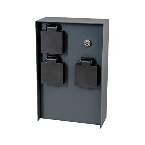Grafner Edelstahl Design Gartensteckdose Dämmerungssensor, 3 Steckdosen, IP44, eckig, anthrazit, KEIN ROST – Pulverbeschichtung, Energiesäule Mehrfach Metall Außen Steckdose schwarz Helligkeitssensor von Grafner