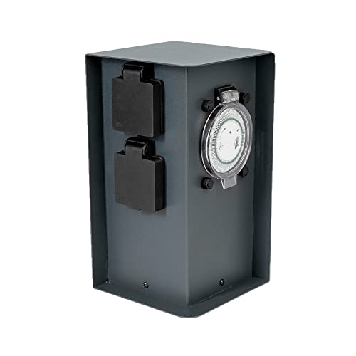 Grafner Edelstahl Design Gartensteckdose Zeitschaltuhr 2 Steckdosen anthrazit, ON/Auto, 3600 Watt, Pulverbeschichtung, Energiesäule Timer Mehrfach Metall Außen Steckdose 2-Fach schwarz lackiert von Grafner