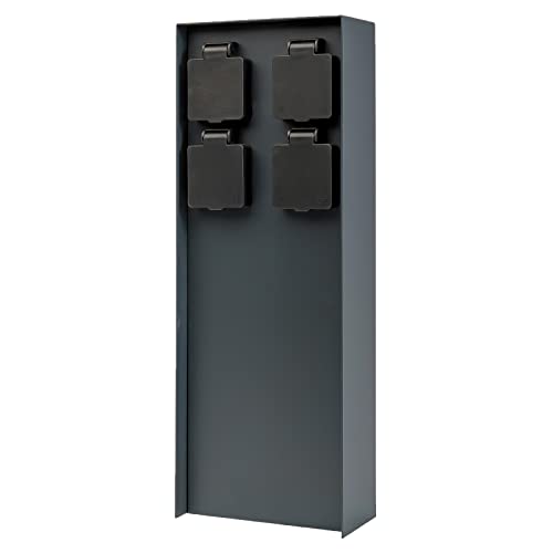 Grafner Edelstahl Design Gartensteckdose mit 4 Steckdosen, IP44, eckig, anthrazit, KEIN ROST – Pulver-Beschichtung, klein und schmal, Energiesäule Mehrfach Metall Außen Steckdose 4-Fach schwarz von Grafner