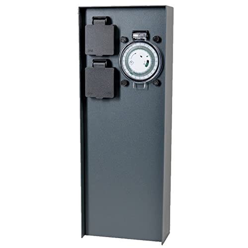 Grafner Edelstahl Design Gartensteckdose mit Zeitschaltuhr 2 Steckdosen, anthrazit, ON/AUTO, 3600 Watt, Pulverbeschichtung, Energiesäule Timer Mehrfach Metall Außen Steckdose 2-Fach schwarz lackiert von Grafner