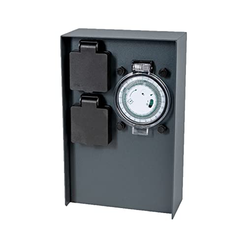 Grafner Edelstahl Design Gartensteckdose mit Zeitschaltuhr 2 Steckdosen, anthrazit, ON/Auto, 3600 Watt, Pulverbeschichtung, Energiesäule Timer Mehrfach Metall Außen Steckdose 2-Fach schwarz lackiert von Grafner
