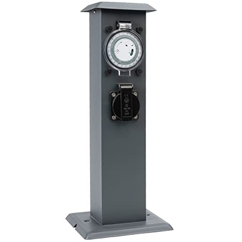 Grafner Edelstahl Design Gartensteckdose mit Zeitschaltuhr 2 Steckdosen, anthrazit, ON/Auto, 3600 Watt, Pulverbeschichtung, Energiesäule Timer Mehrfach Metall Außen Steckdose 2-Fach schwarz lackiert von Grafner