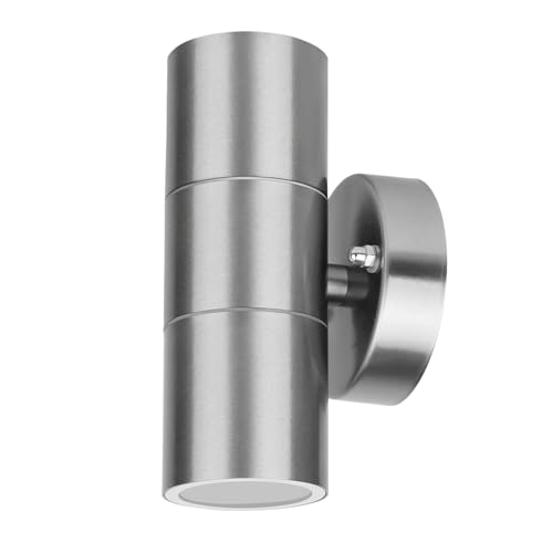 Grafner Edelstahl Wandlampe, mit nach oben und unten gerichtetem Lichtschein, IP44, 2x GU10 Fassung, Wandleuchte rund Down Light Wand Lampe Außen Hof Einfahrt nach oben unten scheinend von Grafner