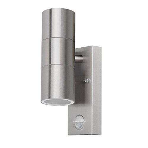 Grafner Edelstahl Wandlampe mit Bewegungsmelder, silber, nach oben und unten gerichtetem Lichtschein, IP44, 2x GU10 Fassung, für außen und innen, Wandleuchte Wand Lampe nach oben und unten scheinend von Grafner