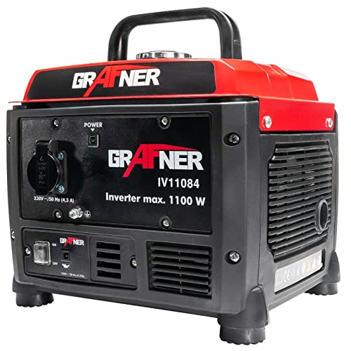 Grafner Inverter Stromerzeuger 1200 W (1,1 KW Dauerleistung), Benzinbetrieb 4 Takt, 1x 230V, Invertertechnologie für empfindliche Geräte, leicht robust, digitaler Benzin Generator Notstrom Aggregat von Grafner