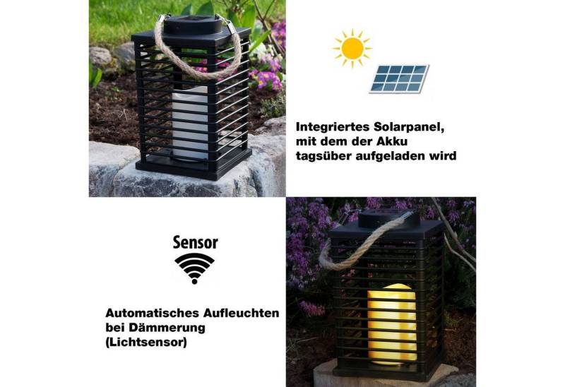 Grafner LED Solarleuchte Laterne LED Solar mit Kerze 24cm Außen Windlicht mit Kordel, LED fest integriert, warmweiß, LED Solar Laterne von Grafner